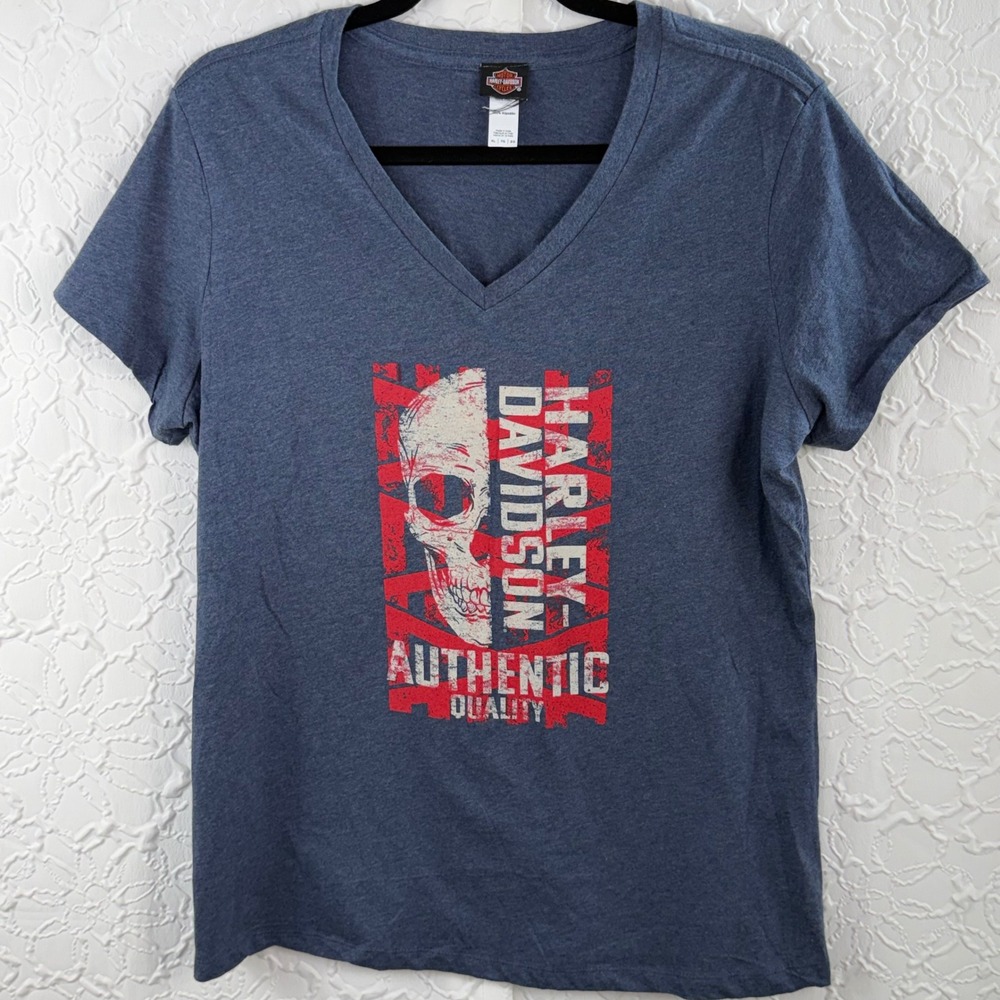 Harley Davidson T Shirt Graphic Skull Cotton Blue Womens XL